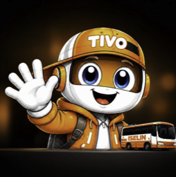 Personaje Tivo con casco naranja y un colectivo de Autotransportes Iselín